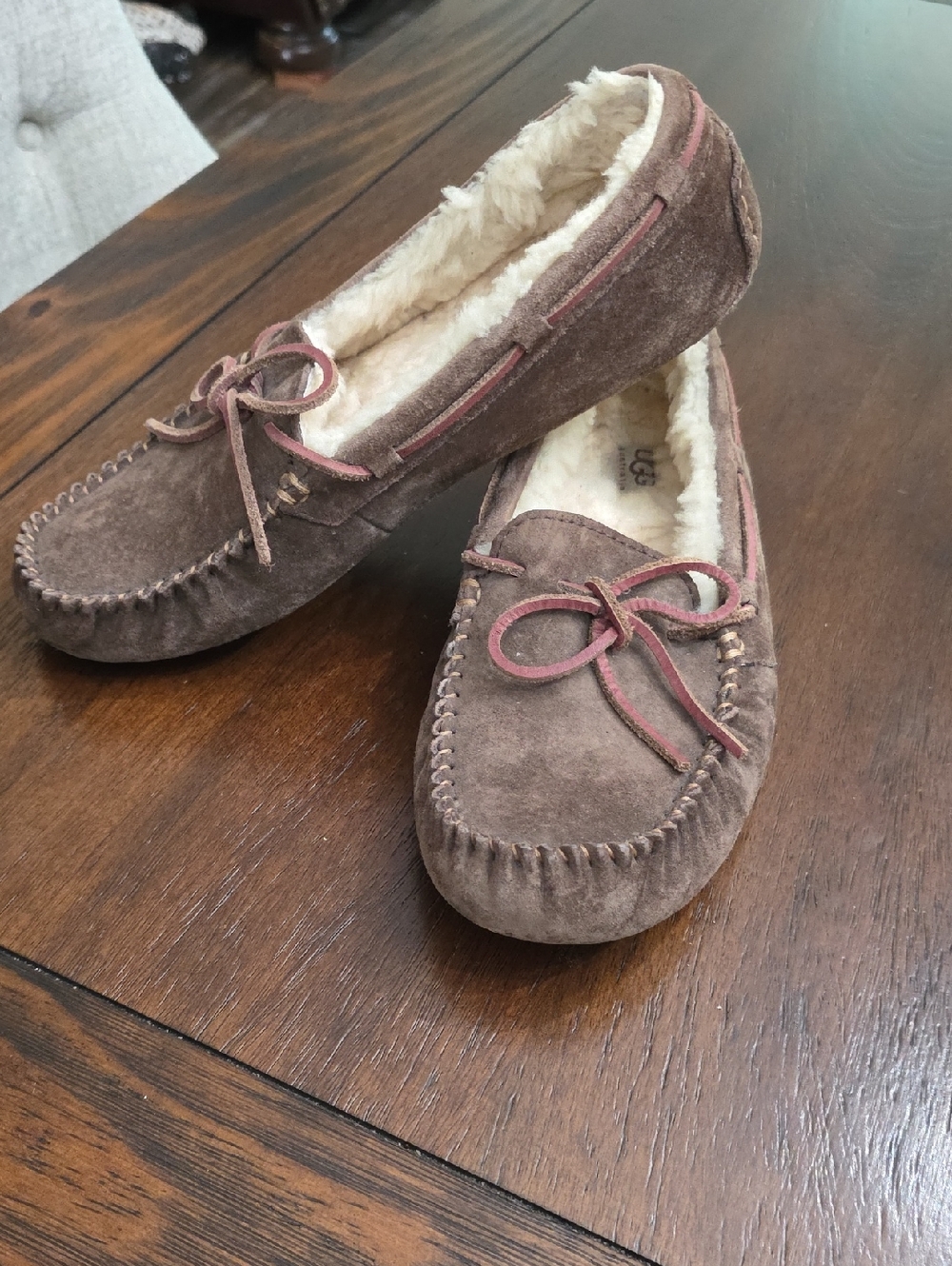 UGG Size 8 Brown Suede Moccasin Slippers with Shearling Lining